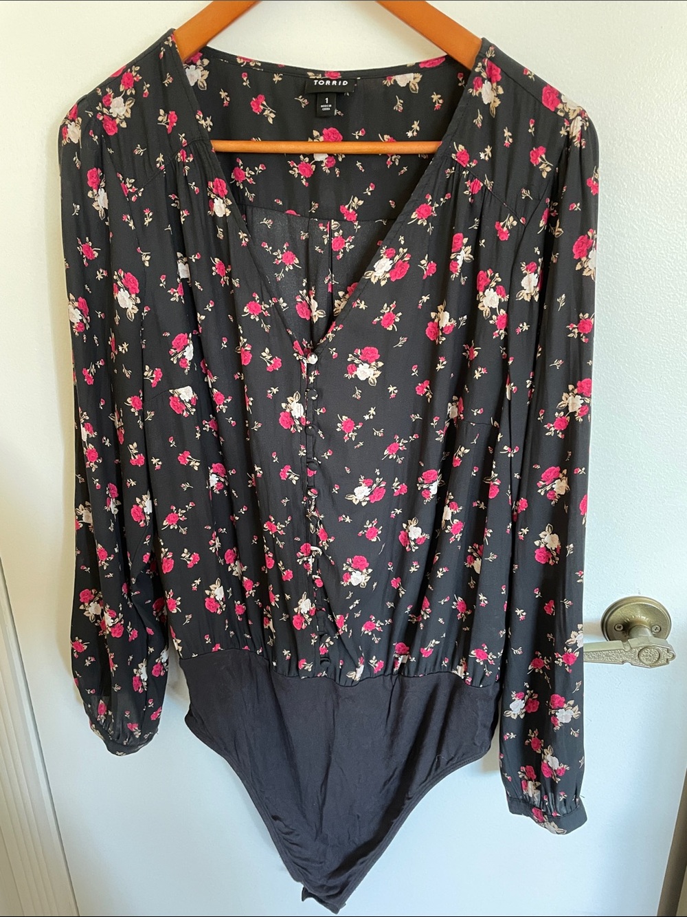 torrid Black Floral Bodysuit with Pink and Cream Flowers